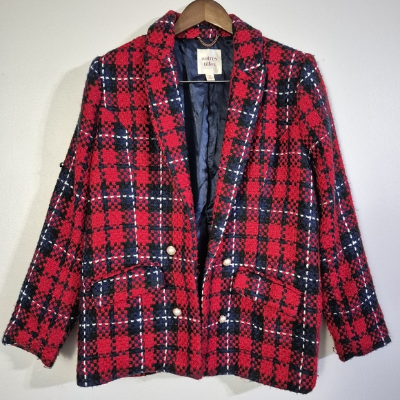 Autres Filles Boucle Red Navy Plaid Open Front Jacket - Picture 9 of 9